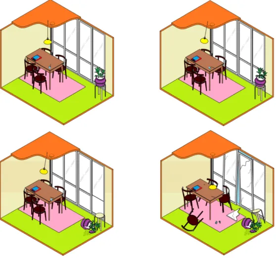 Fig. 2. An example of earthquake simulation on digitized living space and behavior of objects during the simulation.