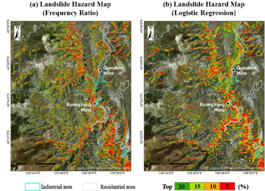 Fig. 6. Landslide hazard map applying (a) Frequency ratio method, (b) Logistic regression method.