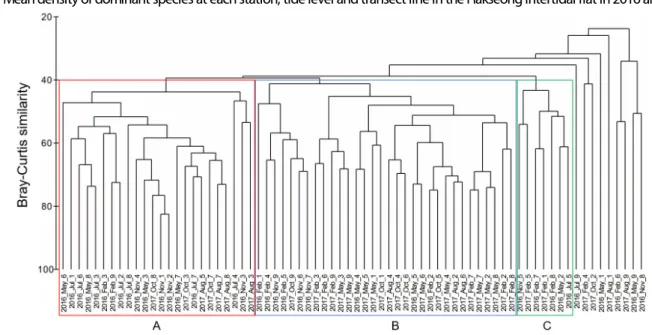 Fig. 5. Dendrogram of cluster analysis comparing the species composition of macrobenthic communities in the Hakseong  intertidal flat in 2016 and 2017.