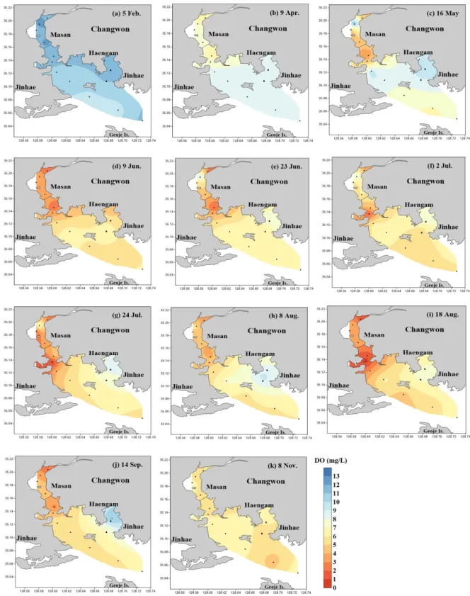 Fig. 3. Spatiotemporal distributions of DO in bottom seawater of Masan Bay during 2015.