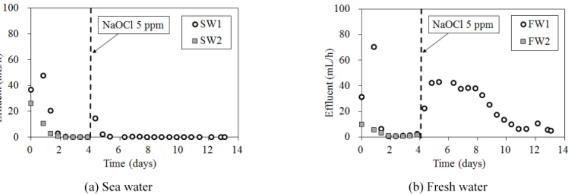 Fig. 4. Effluent volume of duplicate experiments using (a) sea water (SW1 and 2) and (b) fresh water (FW1 and 2) over time in  Experiment 2.