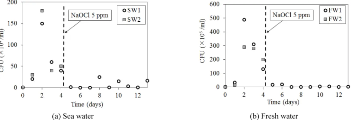 Fig. 5. Duplicate bacterial colony forming units from plate counting inoculated with effluent over time in Experiment 2
