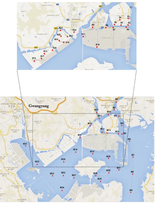 Fig. 1. Map of sampling sites for road-deposited sediments (RDS; upper) and marine sediments (lower) from Gwangyang Bay.