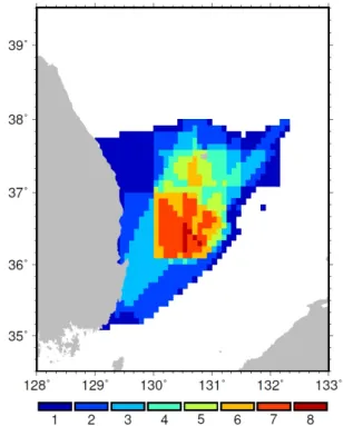 Fig. 1. Numbers of the observed data in each grid with a temporal and spatial resolutions of 8 days and 0.083° × 0.083°, respectively