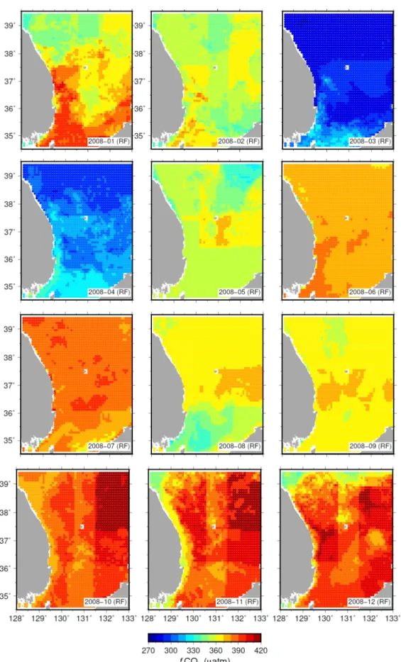Fig. 5. Monthly surface  f CO 2  distribution in the southwest East Sea in 2008 predicted by a Random Forest model (Model 1 in Fig