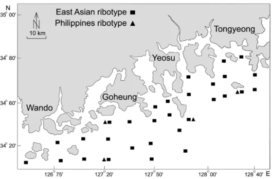 Fig 1.  Spatial distribution of C. polykrikoides ribotypes detected by qPCR in the South Sea, Korea in 2014∼2016