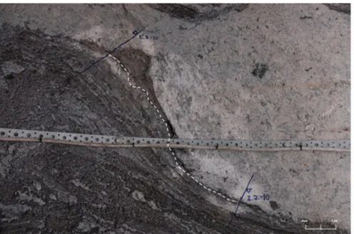 Fig. 8. One observed structurally controlled shear failure in disposal hole perimeter under compressive stress field