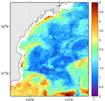 Fig. 9. Spatial distribution of sea surface temperatures ( ℃) from NOAA-18/AVHRR on 5 April, 2011 in the area of the Case 2.