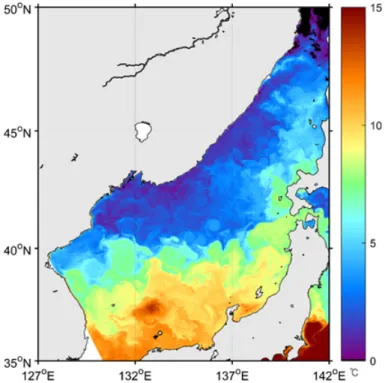 Fig. 2. Sea surface temperature distribution from NOAA-18/AVHRR on 5 April 2011 in the East Sea.