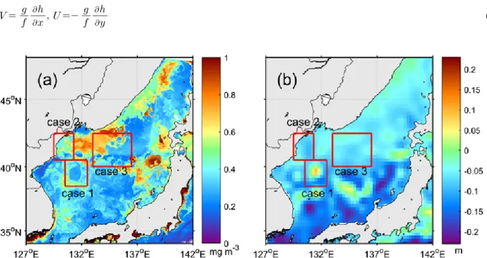 Fig. 3. Spatial distribution of (a) chlorophyll-a concentration (mg m -3 ) from GOCI data and (b) satellite altimeter sea surface  height anomaly (m) in the East Sea on 5 April 2011, where the red boxes represent the cases for the study of eddies