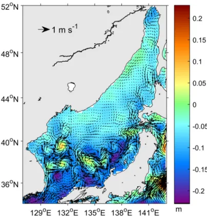 Fig. 5. Spatial distribution of surface current vectors from satellite altimeter data in the East Sea on April 5, 2011, where the  background image represent the sea surface height anomaly data.
