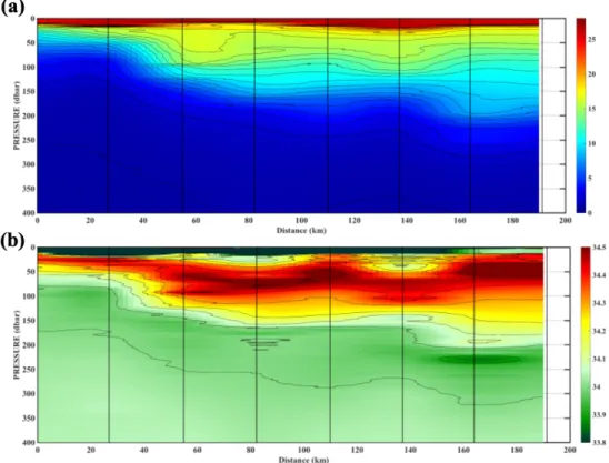 Fig. 6. Zonal sections of potential temperature (a) and salinity (b) along the NIFS 106 line obtained from the shipboard CTD  measurements from Aug