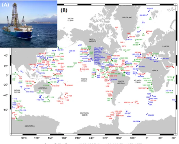 Fig. 3. Photograph (A) of R/V JOIDES Resolution and the locations (B) drilled using R/V JOIDES Resolution during ODP.