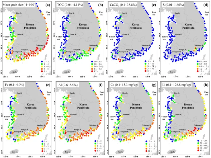 Fig. 2. Spatial distribution of mean grain size(a), TOC(b), CaCO 3 (c), S(d), Fe(e), Al(f), Cs(g), Li(h) concentrations in surface  sediments of August, 2016 and 2017.