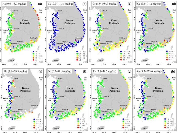 Fig. 3. Spatial distribution of As(a), Cd(b), Cr(c), Ci(d), Ni(e), Pb(f), Zn(g) concentration in surface sediments of August, 2016 and 2017.