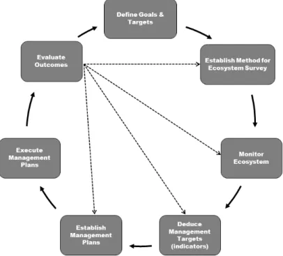 Fig. 1. Flow chart of adaptive management of marine ecosystem. Dotted lines indicate “adjustment” and/or “modification”.