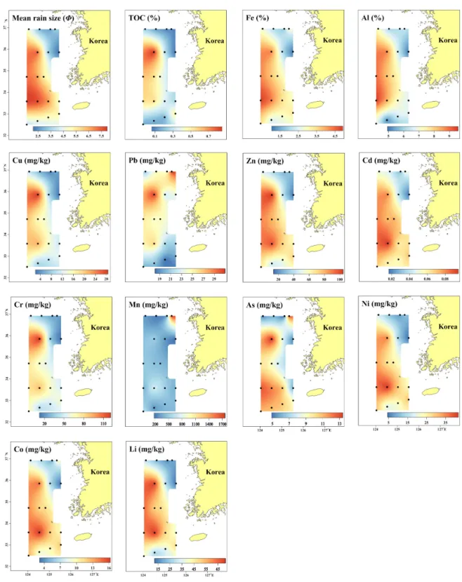 Fig. 2. The spatial distribution of heavy metal concentrations in surface sediments.