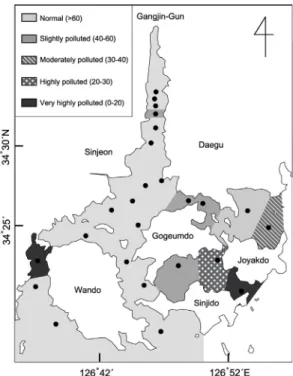 Fig. 6. Spatial distribution of benthic pollution index(BPI) in Wando-Doam Bay, southern coast of Korea in August 2013.