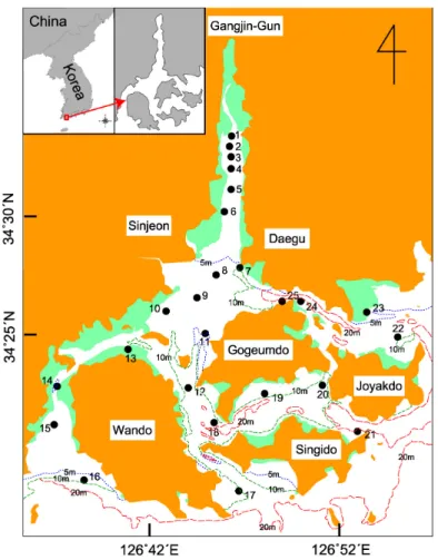 Fig. 1. Map showing sampling stations and bathymetry of Wando-Doam Bay and the archipelago of Wando in the southern  coast of Korea in August 2013
