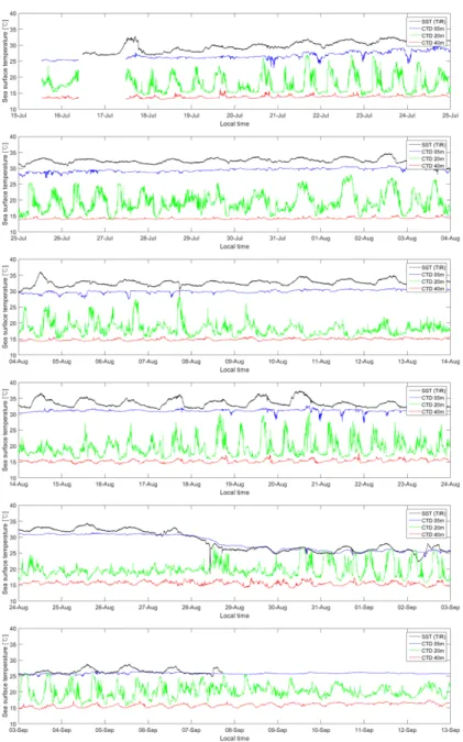 Fig. 10. Water temperatures measured in different depths (black: TIR SST, blue: 5 m CT, green: 20 m CT, and red: 40 m CT).
