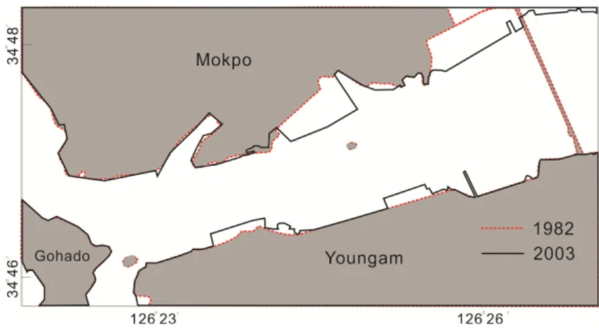 Fig. 12. Map showing the areal change of the Yeongsan River Estuary between 1982 to 2003.