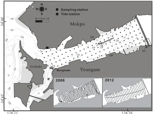 Fig. 1. Map showing the study area. Dots represent sampling stations of surface sediments, and inset maps indicate  bathymetric survey track lines