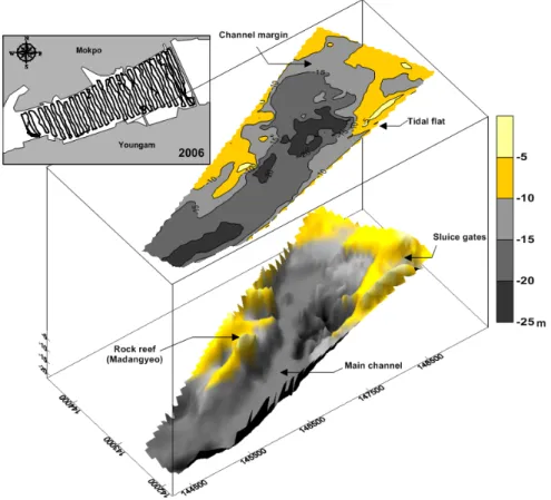 Fig. 3. 2D submarine contour map and 3D submarine topographic map of the study area.  This map was based on data  collected in 2006