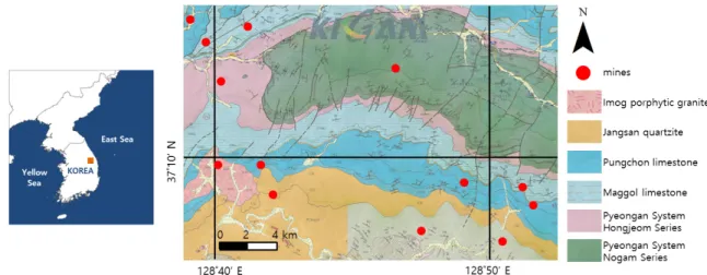 Fig. 1. Geological map and distributions of mines in Gangwon Province, Korea (https://mgeo.kigam.re.kr)