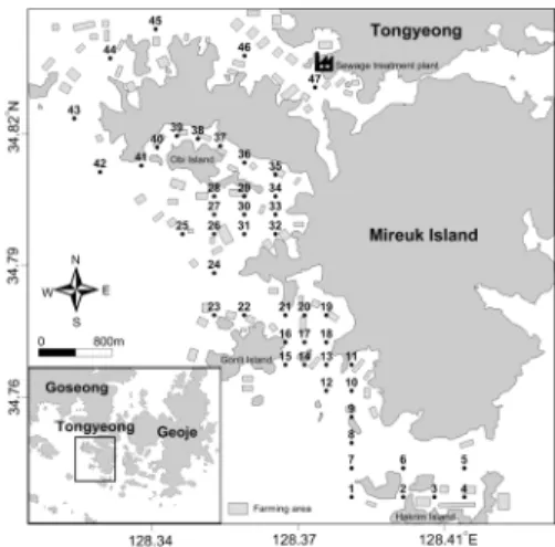 Fig. 1. Location of sampling sites in Tongyeong coast.량금속은 산화-환원과정에 의해 수질환경으로 용출되므로 잠재적 오염을 일으킬 우려가 있을 뿐만 아니라(Singh et al., 1997), 쉽게 분해되지 않고 지속적으로 축적되기 때문에 저서생물의 서식환경에 영향을 주며, 먹이사슬을 통해 상위영양단계로 농축되어 악영향을 끼친다