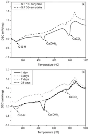 Fig. 6. DSC analysis of NHL pastes containing silica fume and  anhydrite: (a) S.F 10+anhydrite and S.F 30+anhydrite after 28  days, (b) S.F 30+anhydrite with curing.