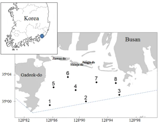 Fig. 1. Map showing the sampling stations in the subtidal area of the Nakdong River estuary.