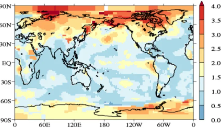 Fig. 5. Year of unprecedented climate defined as the year relative to the present year   (2014) when a predicted temperature exceeds the maximum temperature in a historical record and remains as such since then