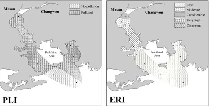 Fig. 4. Spatial distribution of PLI (on the left) and ERI (on the right) in surface sediments of the Masan Bay.