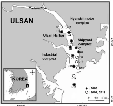 Fig. 1. Sampling locations of marine sediments from Ulsan Bay, in 2003(Choi  et al., 2009b), 2009 and 2011.