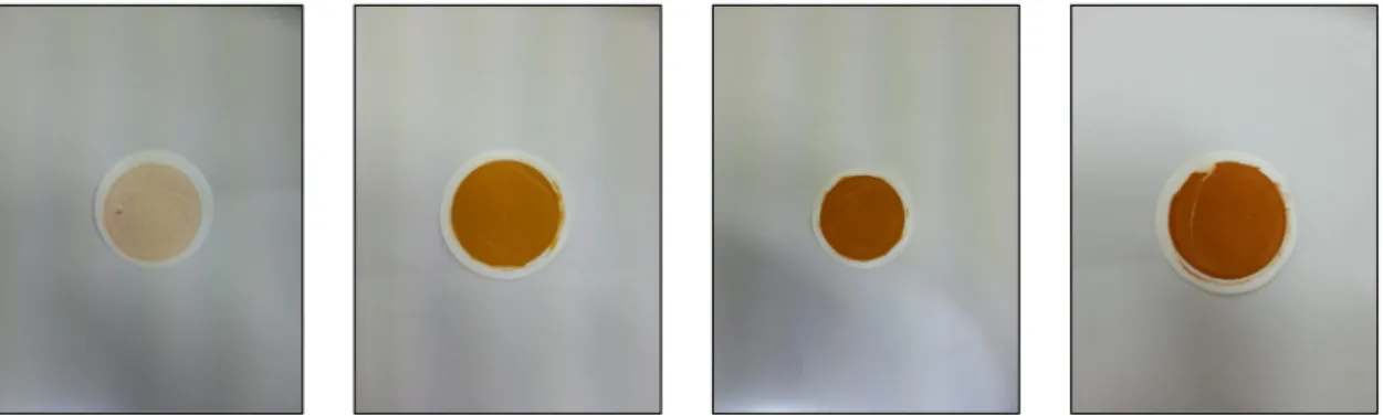 Fig. 6. The colors of colloids (control, 10 mL, 30 mL, and 50 mL injection of the bacteria from left