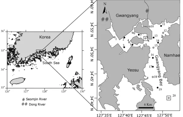 Fig. 1. Location of study sites in Gwangyang Bay, Korea. White open circles and squares indicate spring and summer bioassay stations, respectively.