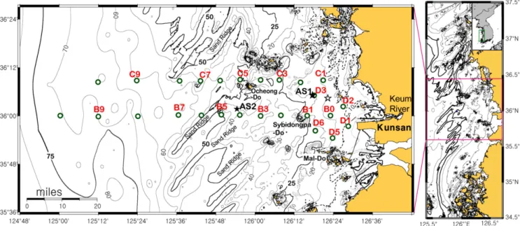 Fig. 1. Study area and station map with bottom topography in meter. Open circle denotes CTD stations and closed star anchoring stations  (AS1 and AS2) where observations were made in September 2012