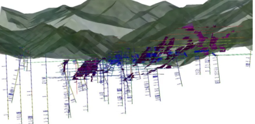 Fig. 1. 3D database of the target mine.로 장기적인 안목에서 투자와 관리가 요구되는 해외자원개발 사업이 크게 위축되고 있다.국내 광산은 대부분 경험에 의한 개발기술을 적용하고 있으며, 또한 해외 광산운영에 대한 경험이 부족하여 광산개발의 기술적 역량향상에도 노력이 요구되고 있다