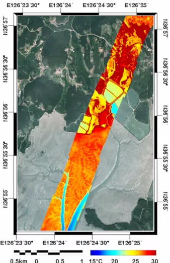 Fig. 6. Geo-coded thermal infrared images overlaid on Google Earth image. The color scale represents apparent radiant temperature.