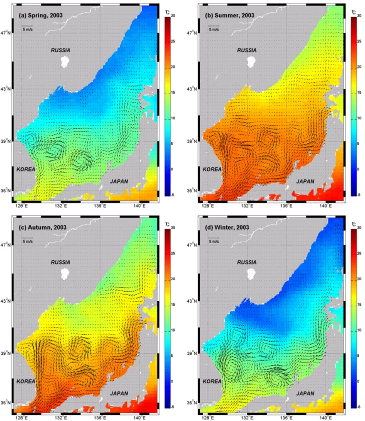 Fig. 6. Seasonal mean surface currents (m/s) estimated from satellite altimeter data and satellite-borne sea surface temperature ( o C) in 2003: