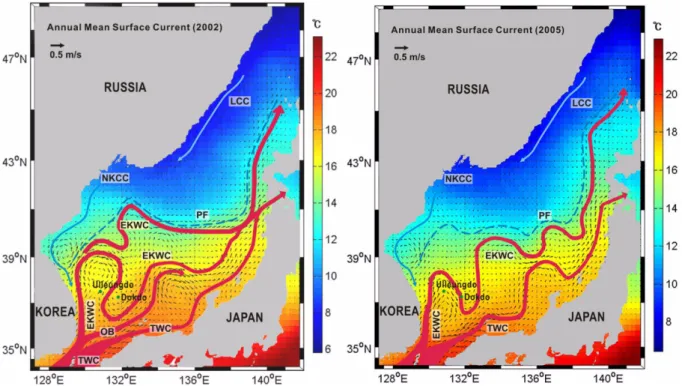 Fig. 7. Annual mean surface currents in 2002 and 2005. Vectors represent surface current speed (m/s) and direction, while background color represents satellite-borne sea surface temperature ( o C).