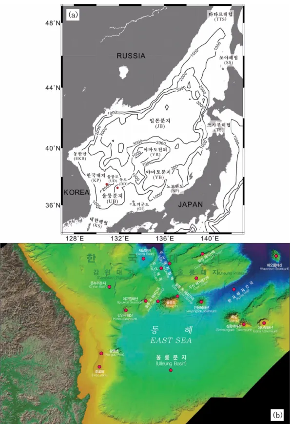 Fig. 1. Bathymetry and ocean features including strait, basin, rise, bank, island, bay and peninsula in the East Sea