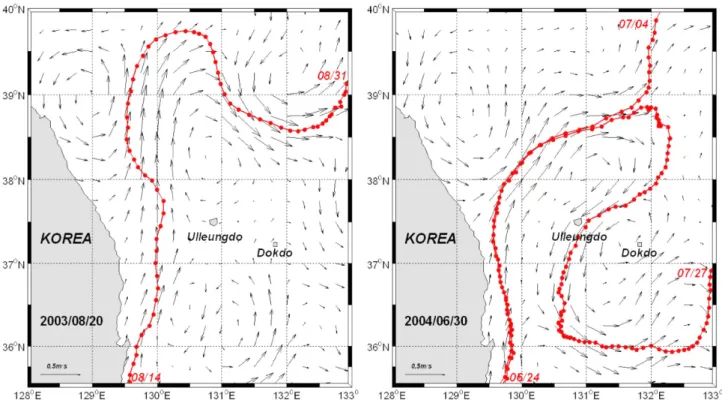Fig. 3. Comparison of surface geostrophic currents estimated from satellite altimeters and Lagrangian observation by surface drifters in the Ulleung Basin from 2002 to 2005