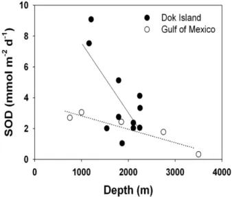 Fig. 8. Comparison of sediment oxygen demand (SOD) in the Dok Island ( ●; solid line) and Gulf of Mexico (○; dotted line).