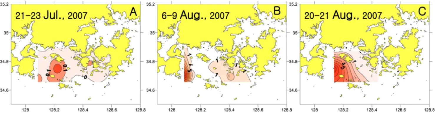 Fig. 8. Horizontal distribution of trans- trans-parency from the middle of July to the end of August(unit: m).