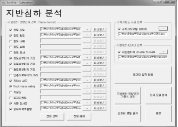 Fig. 5. Graphical user interface for mining subsidence-  related factor selection and data input.