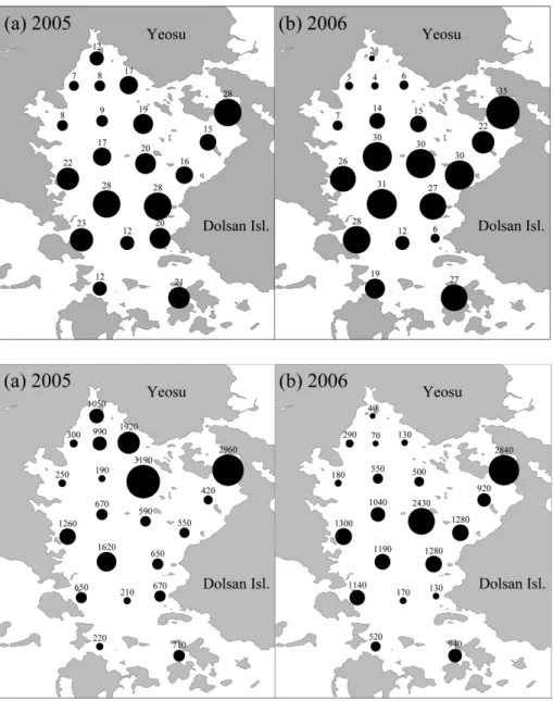 Fig. 3. Spatial variation of polychaete density (ind./m 2 ) in winter of 2005 (a) and 2006 (b).
