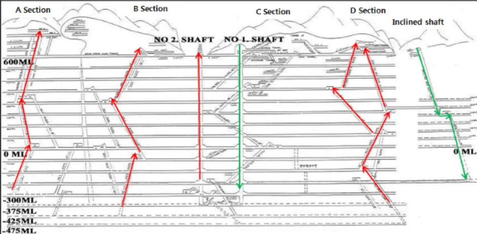 Fig. 1. Sectional view in coal mine (Kim, 2000).온도만을 지표로 하여 법적 규제를 실시하는 경우는 매우 드물다.  이로 인하여 호주를 비롯한 광산 선진국에서는 건구온도와 습구온도가 결합된 다양한 지표들을 적용하고 있는 실정이다(McPherson, 1993)