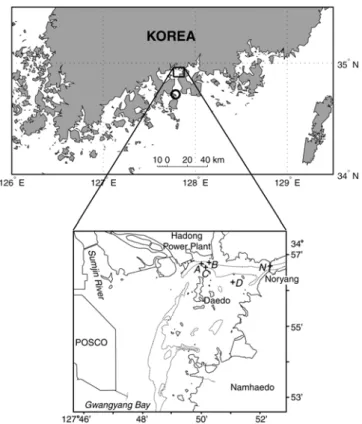 Fig. 1.  Map of the south coast of Korea and enlarged map of north- north-eastern Gwangyang Bay showing the mooring stations of current meter (+)