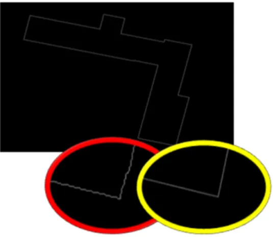 Figure 6. Regularization Result 3차원 와이어 프레임 모델 생성을 위해 평면도와 바 닥과 천정의 평면모델에서 계산된 평면도 코너의 높이  값을 이용하였다